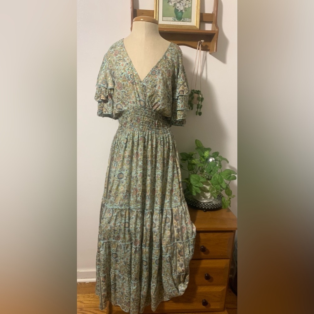 Camille & Co Boho Floral Green and Gold Maxi Dress Ruffle Sleeves Smocked Waist